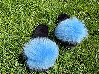 Женские тапки с мехом 36 размер паркетные голубые, тапочки домашние с натуральным мехом по ламинату для дома