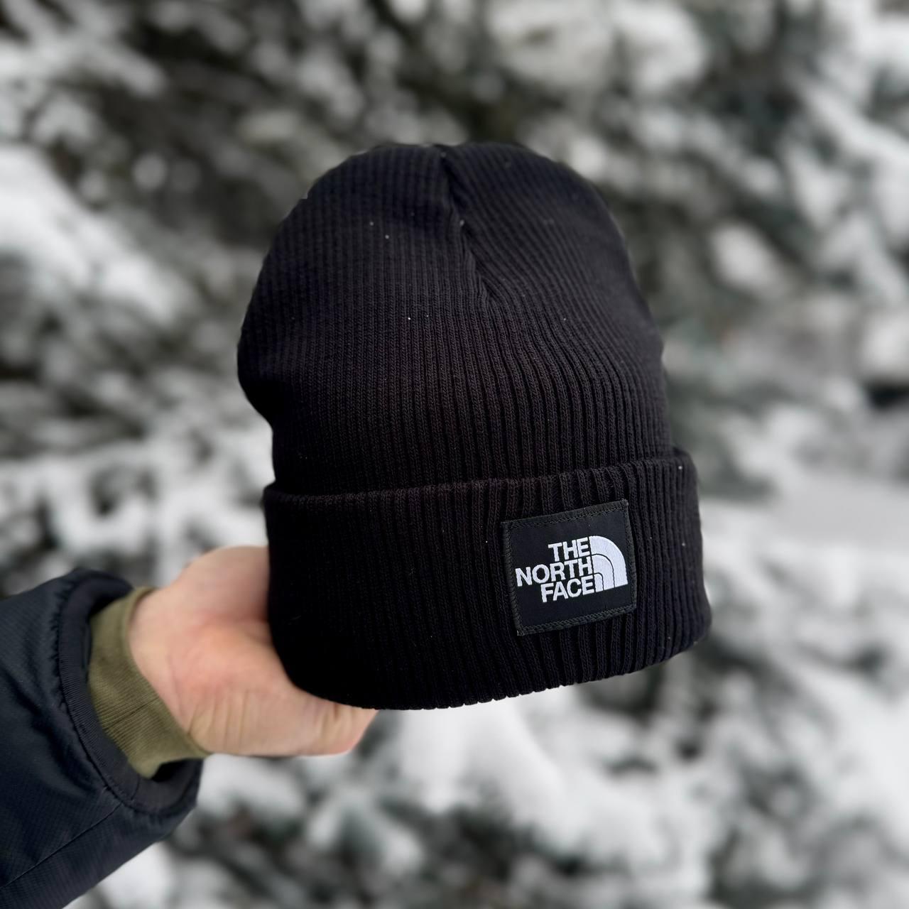 Шапка біні The North Face тепла зимова на флісі чоловіча жіноча норт фейс чорна
