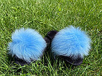 Женские тапки с мехом 39 размер паркетные голубые, тапочки домашние с натуральным мехом по ламинату для дома