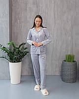 Женский велюровый пижамный комплект Батал, домашний костюм на пуговицах, пижама велюр серебро Большие размеры