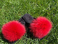 Женские тапки с мехом 37 размер паркетные красные, тапочки домашние с натуральным мехом по ламинату для дома