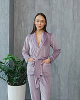 Женский велюровый пижамный комплект Батал, домашний костюм, пижама велюр лиловый Шаль Большие размеры