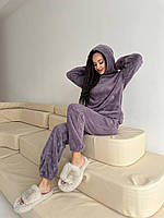 Домашний плюшевый,махровый,мягкий,стильный оверсайз женский костюм 2-ка(штаны+кофта).Теплая,зимняя пижама. Лаванда, 42/46