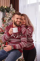 Парные новогодние свитера зимние милые и качественные с оленями теплые бордового цвета прикольные