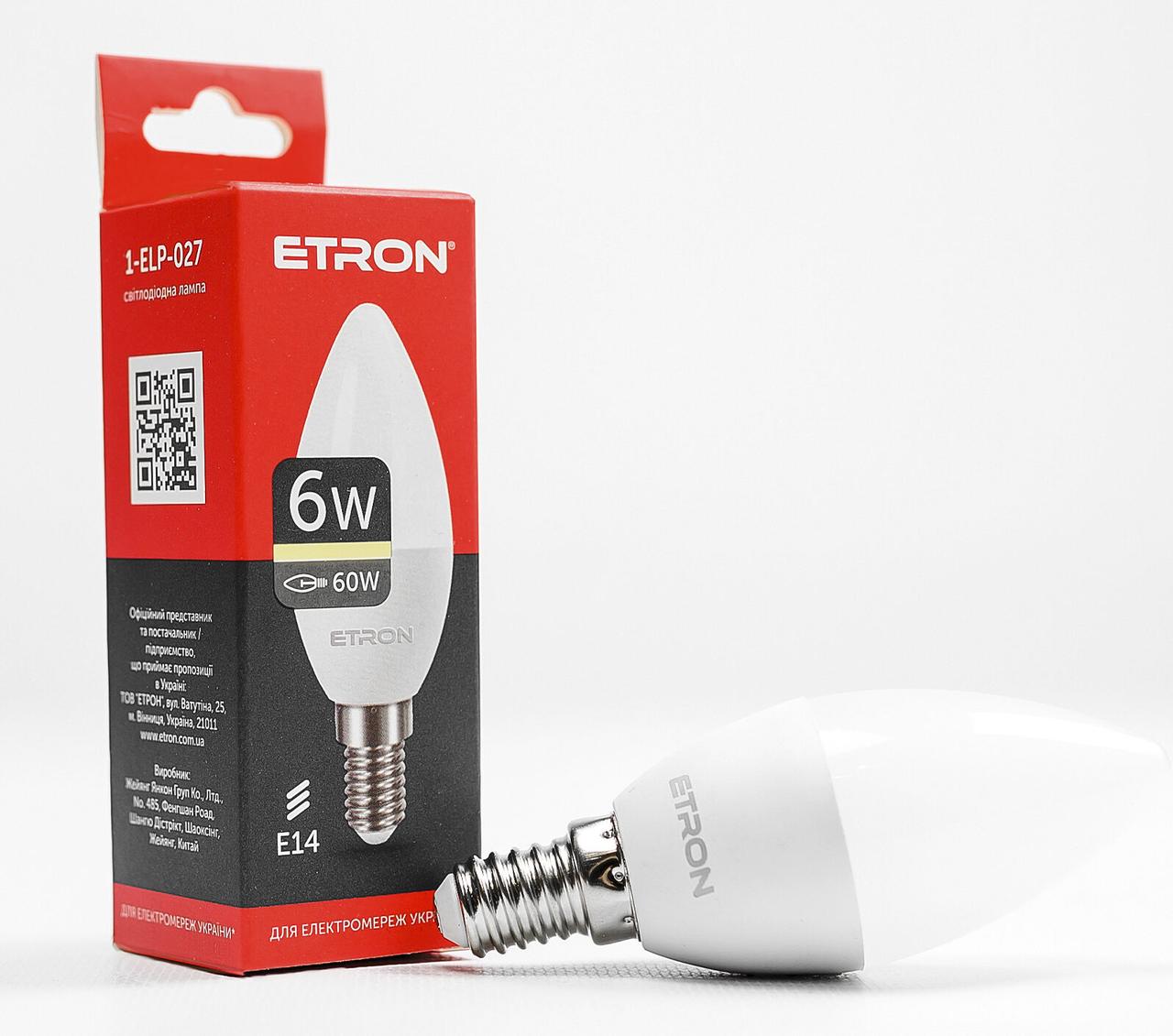 Світлодіодна LED лампа ETRON 6W C37 3000K 220V E14 тепле світло