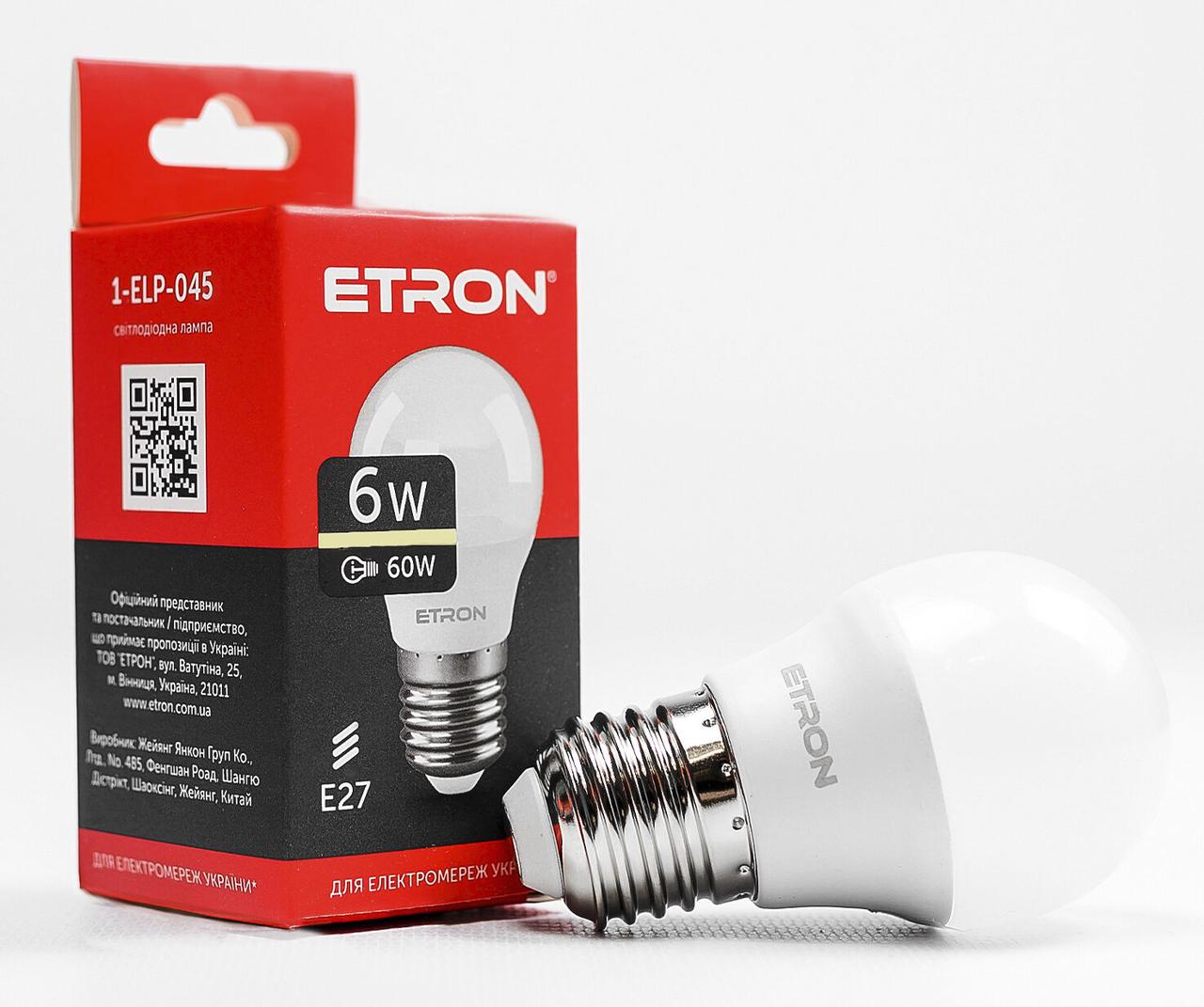 Світлодіодна LED лампа ETRON 6W G45 3000K 220V E27 тепле світло