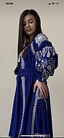 Оригінальна довга Ексклюзивна вишита жіноча Сіра сукня з довгим рукавом, Сукні з вишивкою сірі