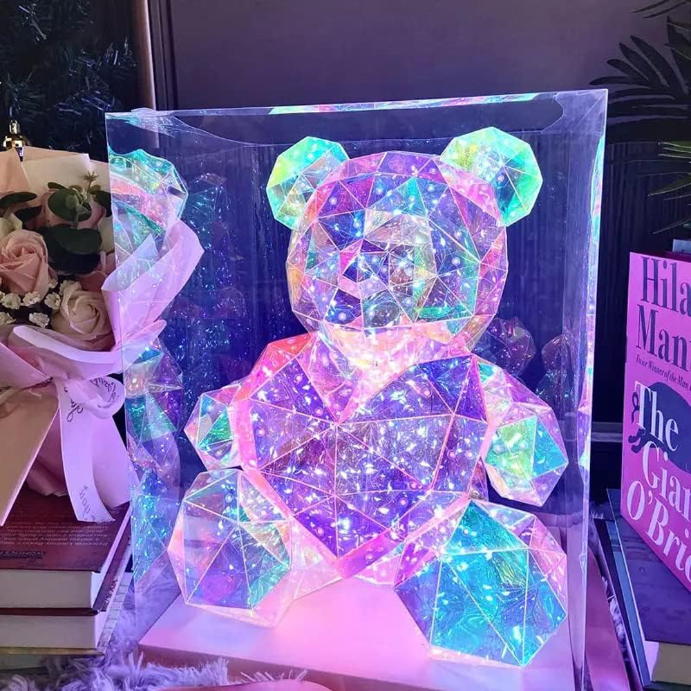 Ведмедик Love Bear голографічний 3D з LED підсвічуванням із рожевим серцем 30 см