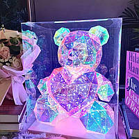 Ведмедик Love Bear голографічний 3D з LED підсвічуванням із рожевим серцем 30 см