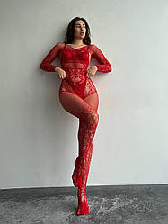 Червоний бодістокінг в стрази з доступом в сітку