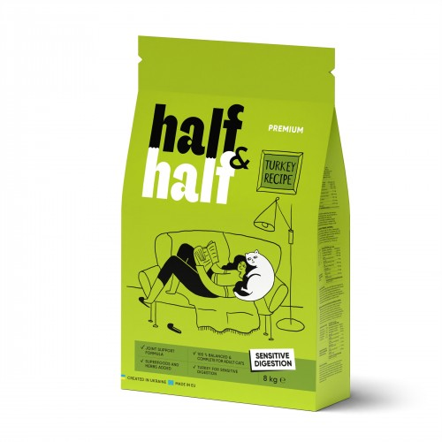 Сухий корм для дорослих котів з чутливим травленням та шкірою Half&Half Sensitive з індичкою 8 кг