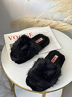 Женские пушистые домашние тапочки с эко-меха, стильные черные комнатные тапки с открытым носком для женщин 40-41р.