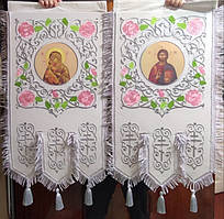 Хоругва біла для храму, повністю вишивка на оксамиті 120х60см