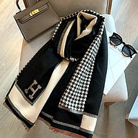 Шарф женский теплый бежевый черный двусторонний дизайнерский, зимний кашемировый шарф гусиная лапка премиум
