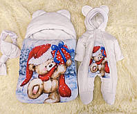 Зимний комплект для новорожденных на выписку, принт новогодний Медвежонок