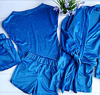 💙Жіночий велюровий комплект 4в1: халат-кімоно з поясом, штани, шорти, футболка 44 размер