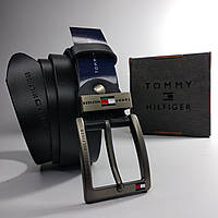Мужской черный кожаный ремень в стиле Tommy Hilfiger / Томми Хилфигер