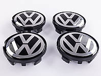 Колпачки заглушки на литые диски VW Фольксваген 63 мм черные, хром лого 7D0601165, 7M7601165 комплект