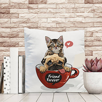 Декоративна подушка з класним принтом кіт і собака "Друзі"