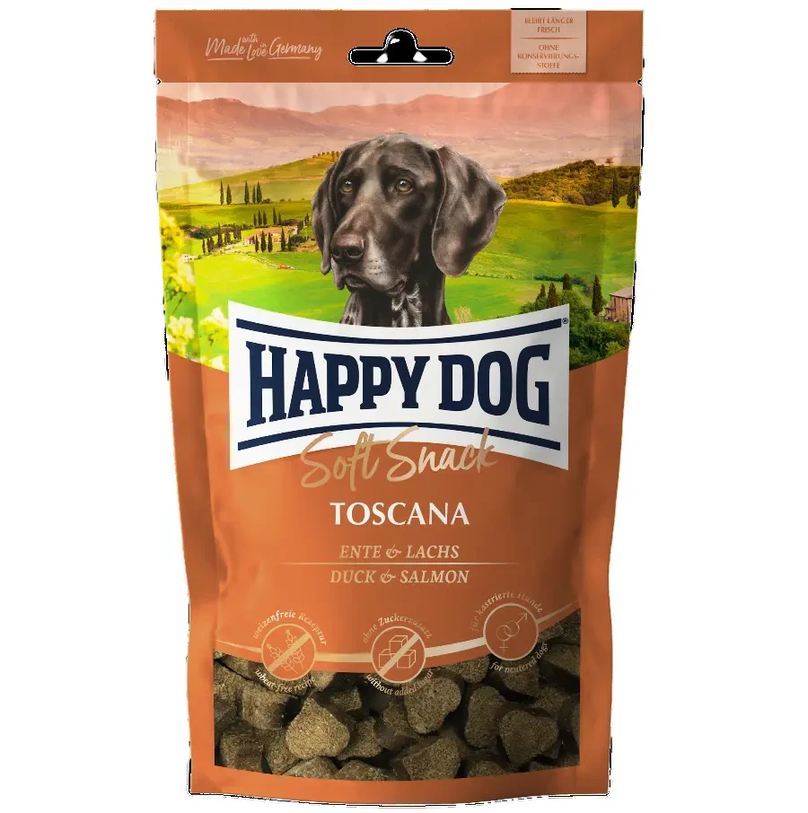 Ласощі для собак середніх та великих порід Happy Dog SoftSnack Toscana, м'які закуски з качкою та лососем, 100 г