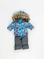 Зимний детский костюм-комбинезон "Вьюга" на флисе, с опушкой. На 1-6 лет. Бирюзовый цветочки