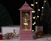 Новогодний декор "Фея" квадратный фонарь со снегом розовый. 27*10*10 см. Fenix