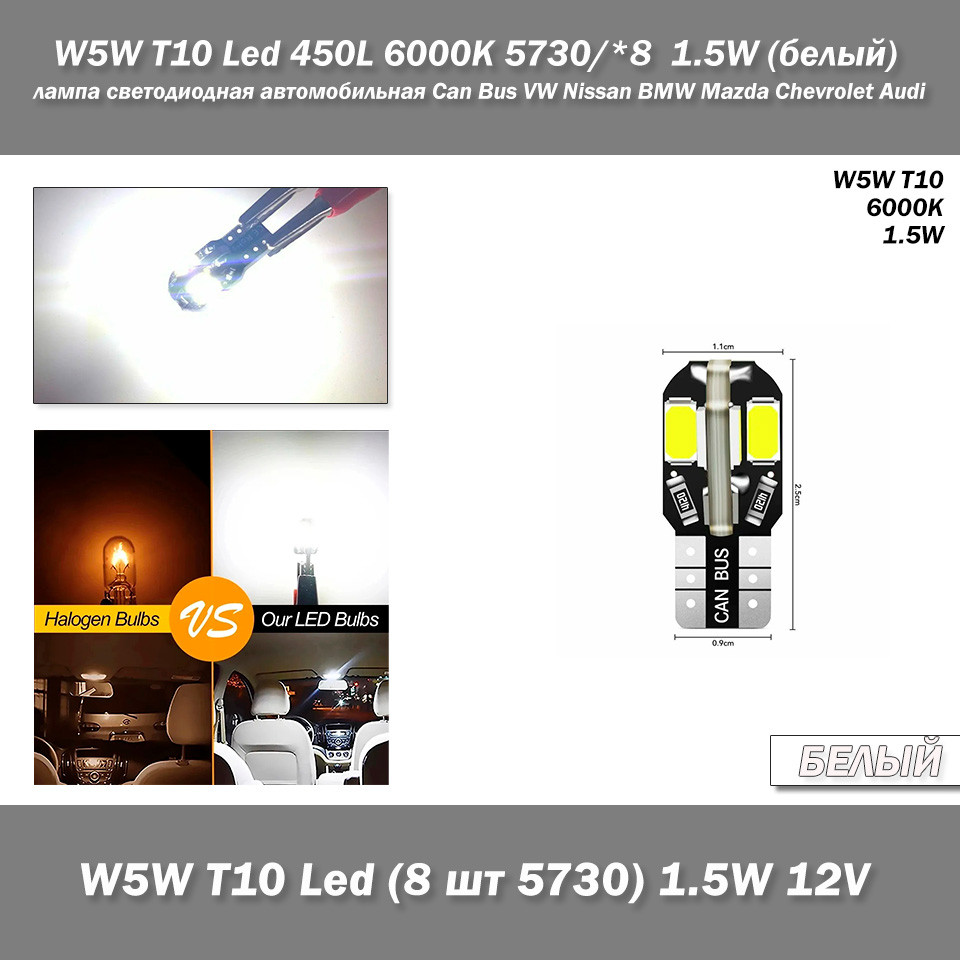 W5W T10 Lamp 168 194 LED Auto габарити 8smd 5730 (білий White 6000К 1.5W) лампа світлодіодна автомобільна Can Bus VW Nissan BMW Ma