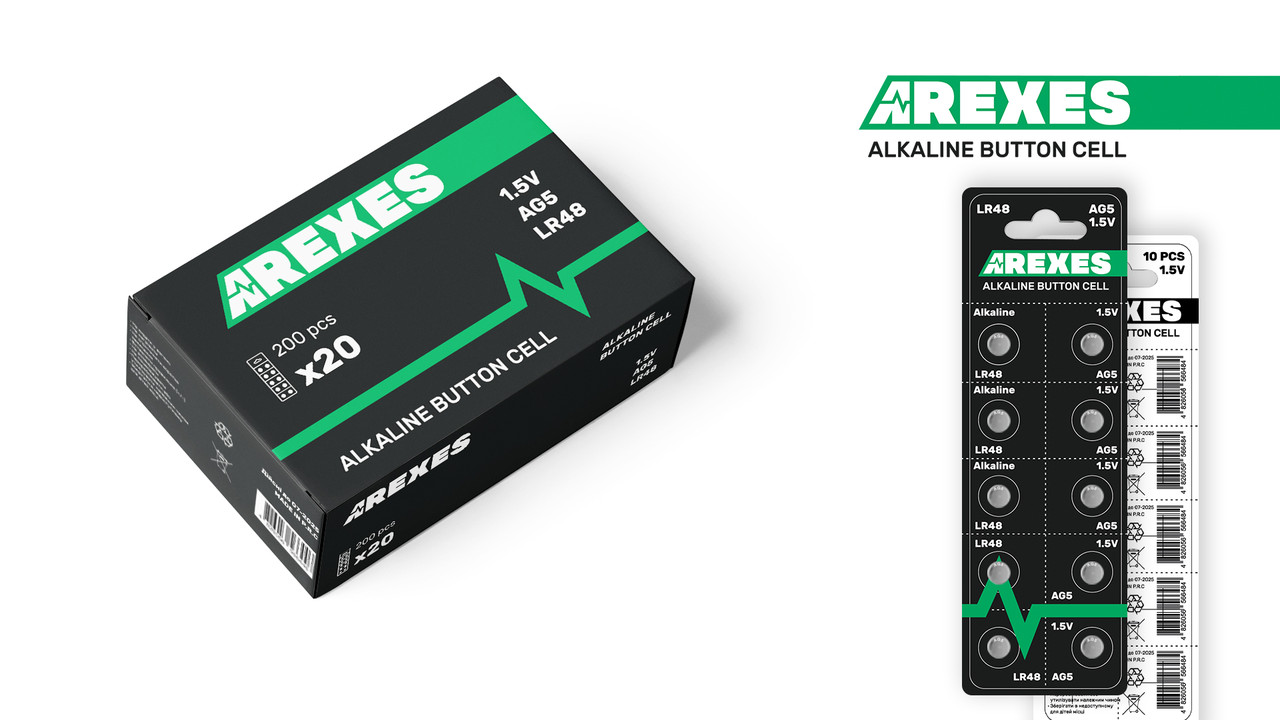 Батарейка AG5 LR48 1.5v Arexes alkaline (в упаковці 20 блістерів, 200 батарейок)