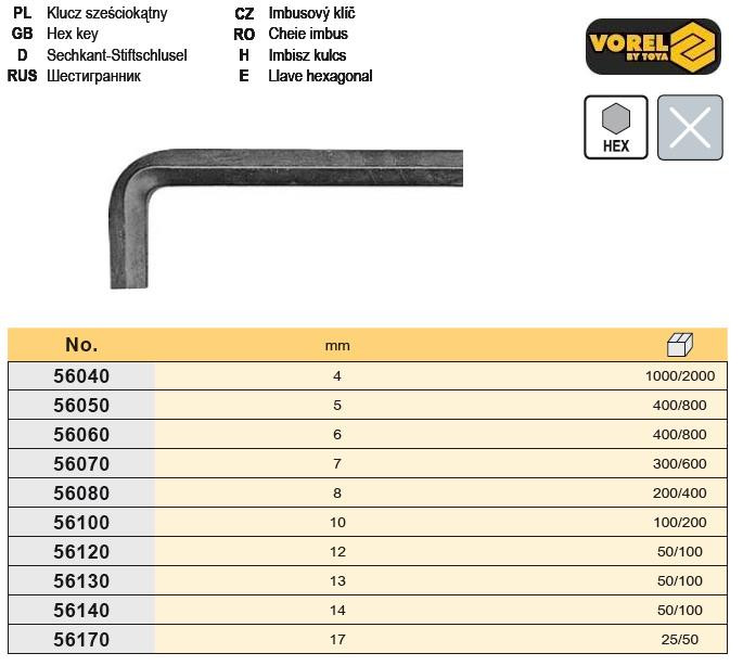 Ключ шестигранний тип L HEX М 12 мм VOREL-56120