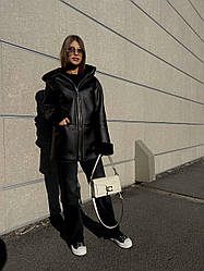 Зимова якісна тепла жіноча якісна чорна дублянка з еко шкіри