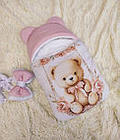 Теплий комплект для новонародженої дівчинки, рожевий з принтом Ведмедик на гойдалці, фото 2