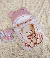Конверт спальник для новонароджених дівчаток, рожевий принт Ведмедик на гойдалці
