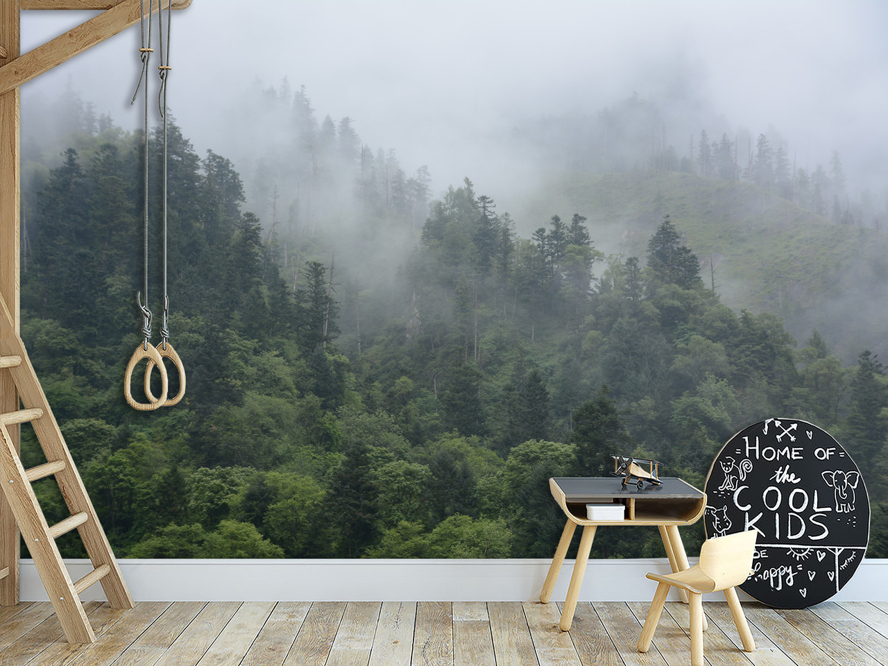 Самоклеючі 3д фотошпалери "Ранковий туман у лісі" , плівка Oracal для декорування будинку, фото 1