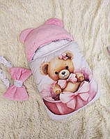 Конверт спальник для новорожденных девочек, розовый принт Мишка с бантиком