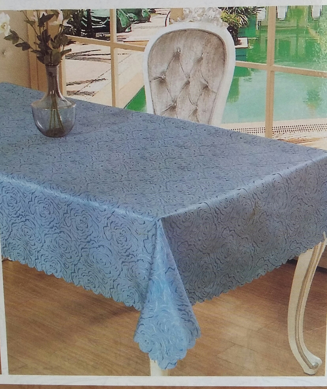 Синя святкова скатертина "Троянда" (атлас), 150х220 див., 175/155 (ціна за 1 шт. + 20 гр.)