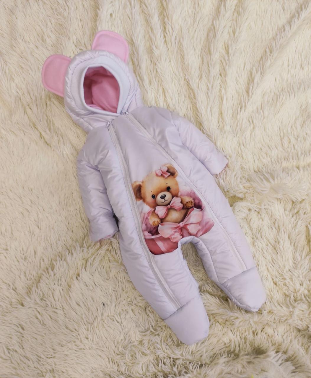 Теплий комбінезон для новонароджених дівчаток, принт ведмежа з бантиком, фото 1