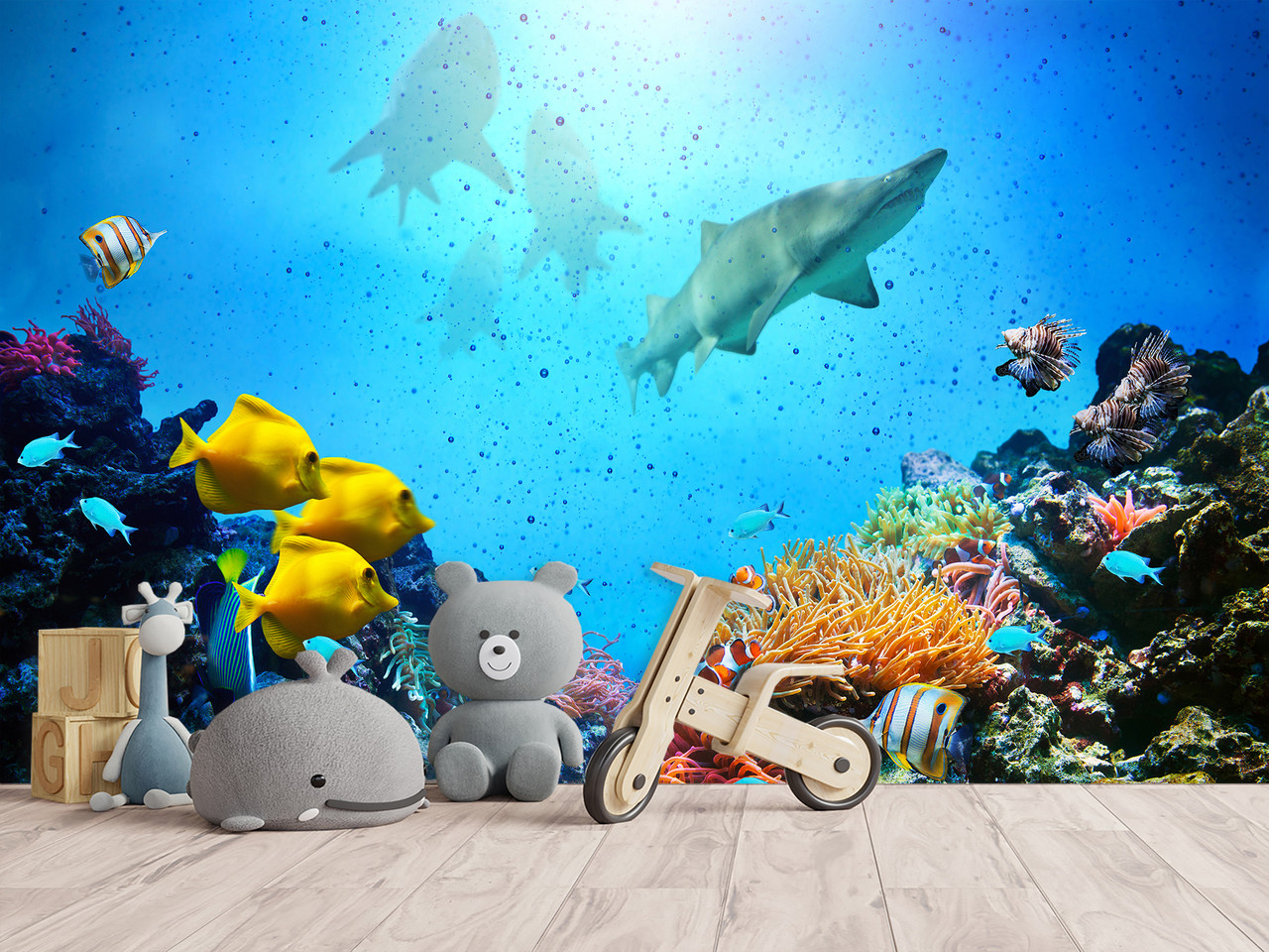 Фотошпалери з морським малюнком "Рибки та акули", флізелінові фотошпалери, фото 1