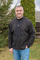Вишиванка сорочка чоловіча лляна, чорна з гербом, вишиванки чоловічі в Україні Крохатушка одяг