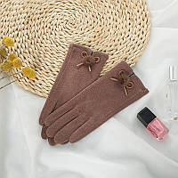 Перчатки женские сенсорные под замшу с меховым помпоном. Перчатки демисезонные (красно-коричневые)