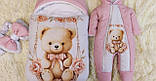 Теплий комплект для новонародженої дівчинки, рожевий з принтом Ведмедик на гойдалці, фото 5