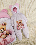 Теплий комплект для новонародженої дівчинки, рожевий з принтом Ведмедик з бантиком, фото 3