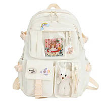 Рюкзак школьный для девочки Teddy Beer(Тедди) с брелком мишка и стикерами бежевого цвета