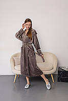Теплый женский велюровый халат на запах с капюшоном, легкий домашний халат плюш-велюр мокко
