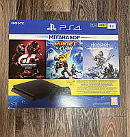 Ігрова приставка Sony Playstation 4 Slim 1Tb + 3 ігри (Gran Turismo Sport,Ratchet & Clank, Horizon) PS4 slim