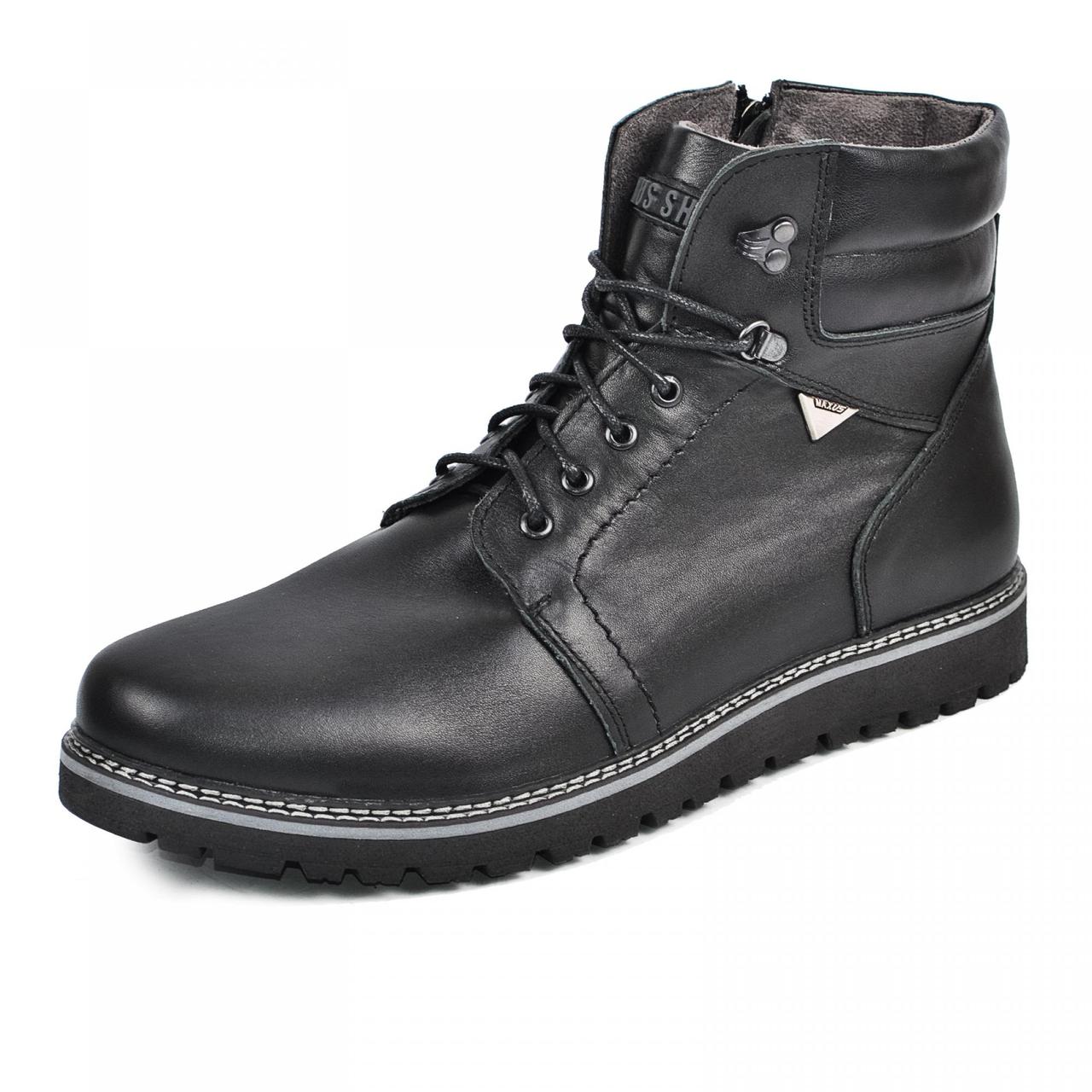 Розміри 46, 47, 48  Чоловічі зимові комфортні шкіряні чоботи на хутрі, чорні  Maxus 2084