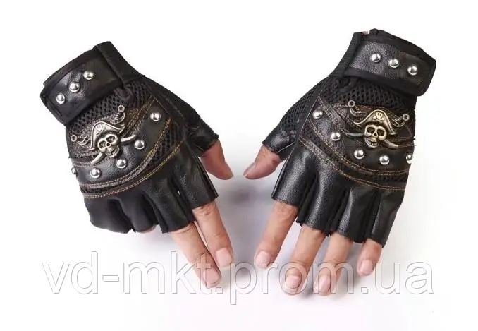 Вело мото рукавички Череп Пірати Карибського чорного кольору, Байкерські рукавички шкіряні