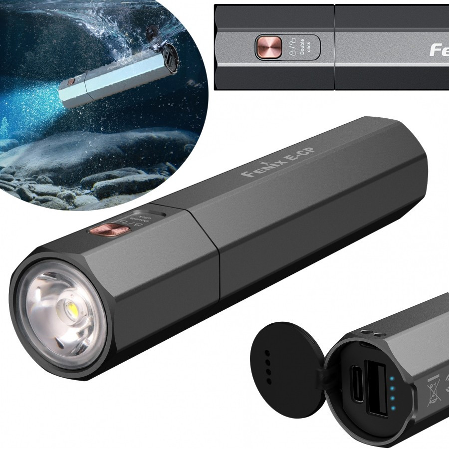 Ручний ліхтар FENIX E-CP Black + PowerBank 5000 mAh (1600LM, USB-C, IP68, 222 метри), фото 1