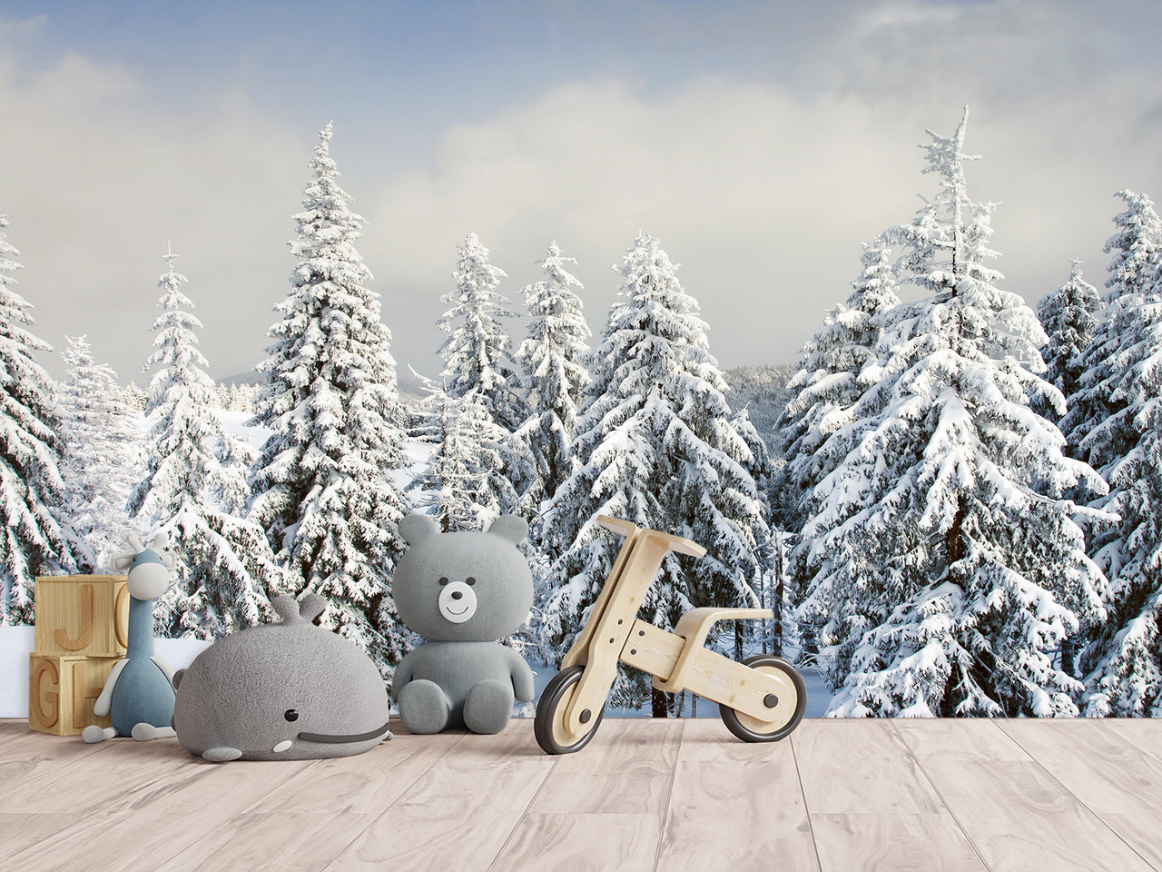 Фотошпалери 3Д з малюнком Зимовий ліс для декорування дому