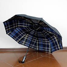 Жіночий/чоловічий парасолька антивітер, Парасолька подвійна тканина середина синьо-коричневих клітин, напівавтомат 9 шпіц топ