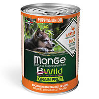 Мясные кусочки в соусе с уткой тыквой и цукини для щенков всех пород Monge Bwild Dog Puppy & Junior 400 гр